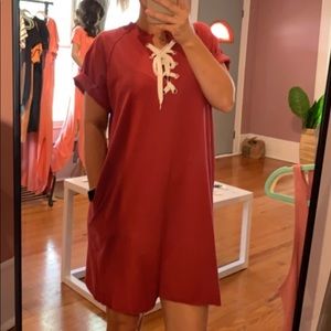 NEW Lace Up Pocket Dress - Garnet & Orange S M L